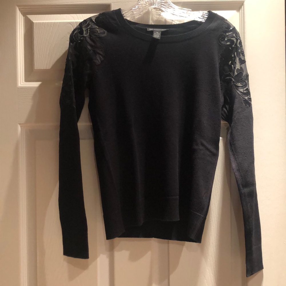 INC International Black Sweater w/ Lace Shoulders